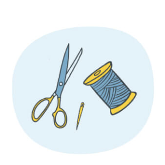 Une bobine de fils, une paire de ciseaux et une aiguilles présents pour représenter les outils utiles à la couture