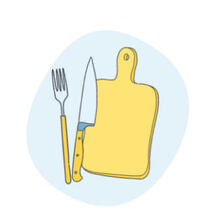 Une planche à découpern une fourcette et un couteau présents pour représenter les ustensiles utiles à la cuisine