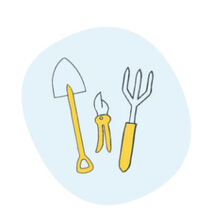 Une pelle, un rateau et un sécateur présents pour représenter les outils utiles au jardinage